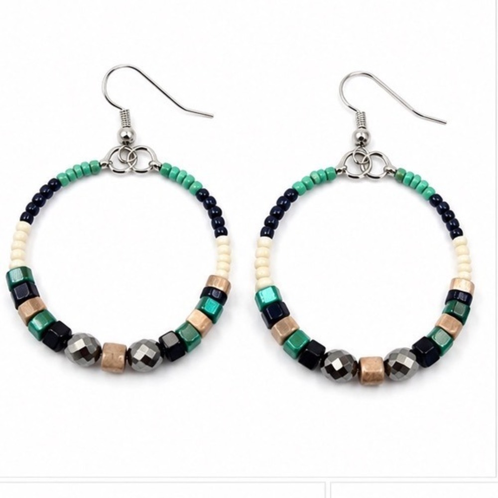 Bohemian Beaded Hoop Earrings Teal Navy Copper Geometric Dangle Silver Tone